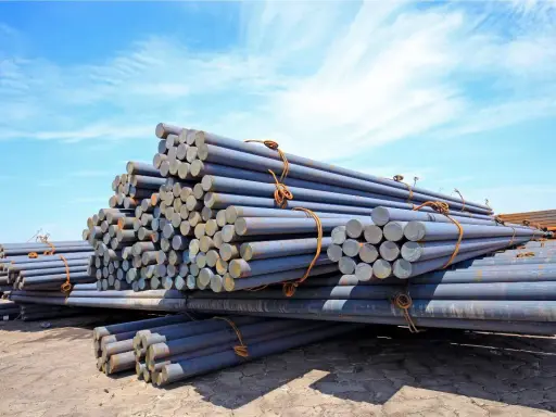 Stapel von Metallstäben, die den Unterschied zwischen Eisen und Stahl veranschaulichen. Sie liegen unter blauem Himmel.