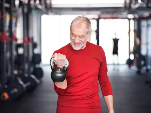 Ein älterer Mann mit Bart trainiert im Fitnessstudio mit einer Kettlebell. Ein Beispiel für Krafttraining ab 60 Jahren Trainingsplan.
