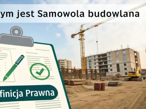 Tablica z tekstem "Czym jest Samowola budowlana" i "Definicja Prawna" na tle placu budowy z dźwigiem i budynkiem. Kara za samowolę budowlaną może być wysoka.