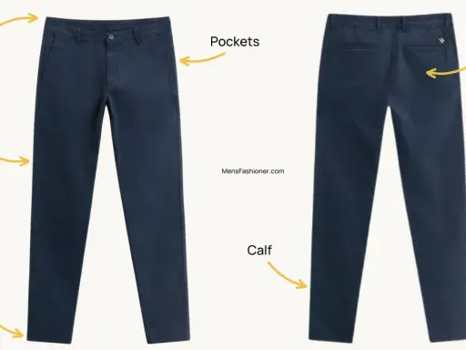 Front and back views of navy blue chino pants, highlighting waist, thighs, pockets, seat, calf, and hem.