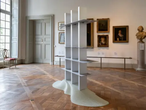 En modern skulptur, som en hyllning till Gustav Winsth, står i ett rum med gamla målningar och en byst.