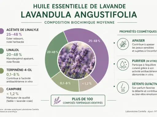 Composition de l'huile essentielle de lavande vraie, ses bienfaits apaisants, purifiants et relaxants. Plus de 100 composés identifiés.