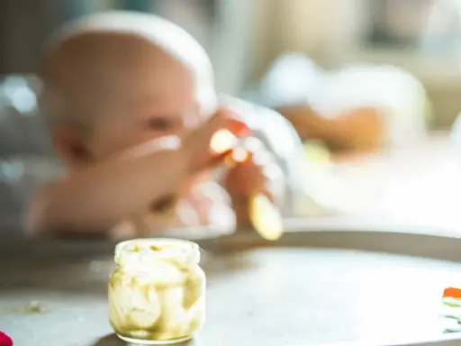Słoiczek z puree ziemniaczanym, idealny do nauki, jak przygotować ziemniaka dla niemowlaka. W tle widać dziecko.