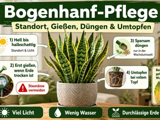 Bogenhanf-Pflege: Heller Standort, Erde trocknen lassen, sparsam düngen, Staunässe vermeiden. Viel Licht, wenig Wasser, durchlässige Erde.
