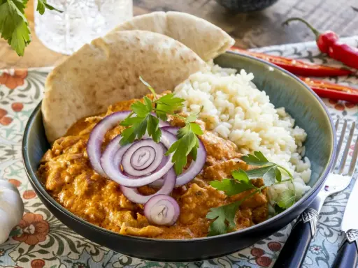 En krämig kycklingrätt med ris, naanbröd och rödlök. Ett perfekt middagstips vardag för hela familjen.