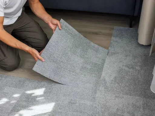 Pose d'une nouvelle moquette pour cacher un manque de carrelage. Les dalles grises s'assemblent parfaitement.