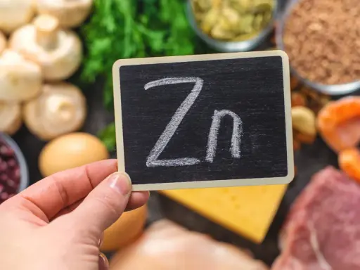 Tabliczka z napisem "Zn" na tle produktów bogatych w cynk: mięso, ryby, fasola, grzyby, jajka, ser, nasiona.