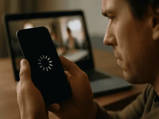 Mann schaut frustriert auf sein Handy mit Ladekreis. Warum ist mein Internet so langsam Handy?