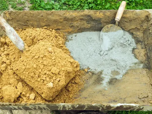 Brouette contenant du sable et du ciment, prêts pour le dosage béton. Une pelle est dans le sable, une truelle dans le ciment.