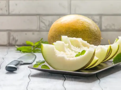 Kawałki melona na talerzu, obok cały owoc i nóż. Niska wartość melon indeks glikemiczny.