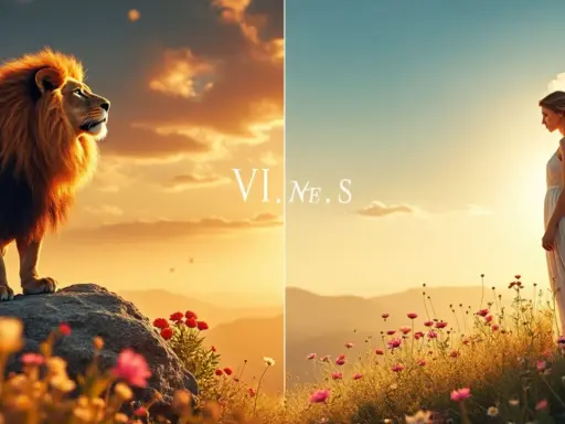 Lion majestueux sur un rocher, symbole mois d'août. À droite, une femme en robe blanche dans un champ de fleurs sous un ciel doré.