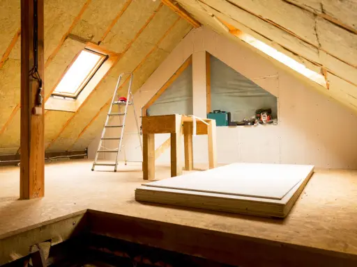Un grenier en cours d'aménagement, avec isolation, un velux, une échelle et des plaques de plâtre.