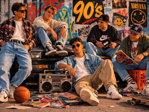 Chłopcy w stylu moda męska 2000, siedzą na samochodzie z boomboxem i kasetami.