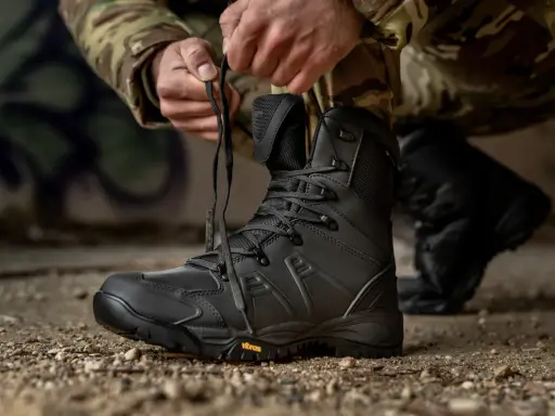 Mężczyzna w mundurze maskującym sznuruje czarne buty taktyczne. Gotowy na każde wyzwanie, te buty WOT zapewnią komfort i bezpieczeństwo.