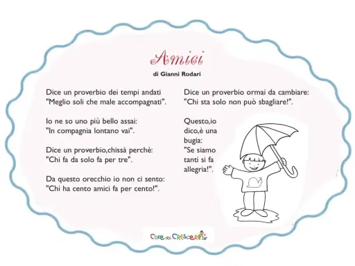 Una poesia sull'amicizia di Gianni Rodari, con un disegno di un bambino sotto l'ombrello. "Chi ha cento amici fa per cento!