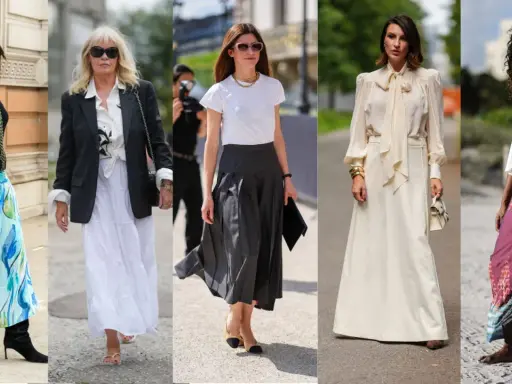 Five women showcase stylish long skirt outfits, from flowing prints to elegant monochrome looks.