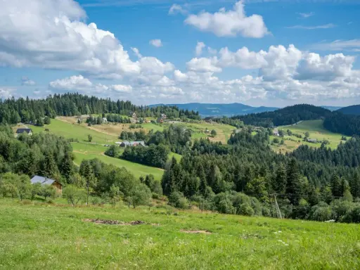 Zielone wzgórza Beskidu Wyspowego, pełne drzew i domków, pod błękitnym niebem z białymi chmurami.