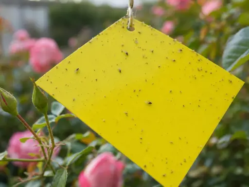 Un piège puceron maison jaune est couvert de petits insectes, suspendu près de roses roses.