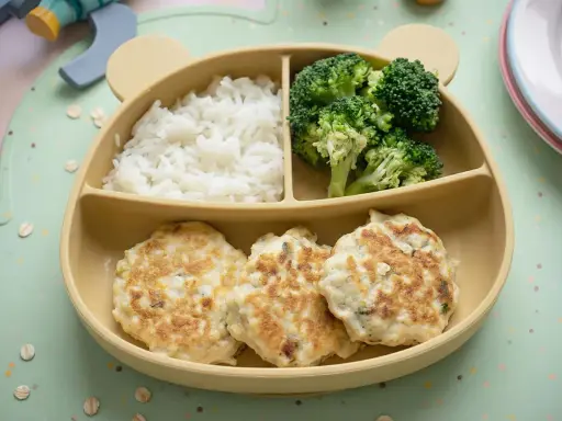 Deliciosas hamburguesas de pollo caseras para niños, acompañadas de arroz blanco y brócoli, servidas en un plato con forma de oso.