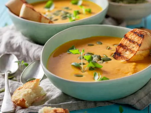 Zwei Schalen cremiger Kürbissuppe mit geröstetem Brot und Kürbiskernen. Ein leichtes, magenschonendes Essen, perfekt für kühle Tage.