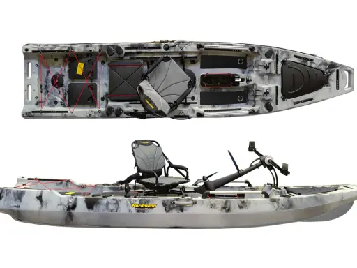 Ein Orca Boot, bereit für Abenteuer. Dieses Kajak mit Pedalantrieb und bequemer Sitzgelegenheit ist ideal für Angler und Entdecker.