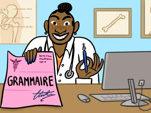 Une doctoresse souriante tient une ordonnance rose "GRAMMAIRE". Peut-être qu'elle prescrit des leçons de français pour améliorer la santé des mots.