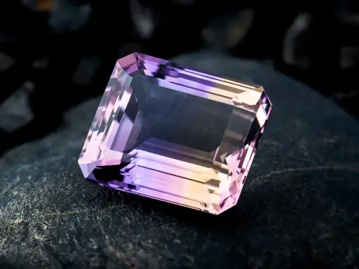 Un taglio a smeraldo sfaccettato mostra la transizione tra ametista e quarzo rosa, un connubio di colori su una roccia scura.