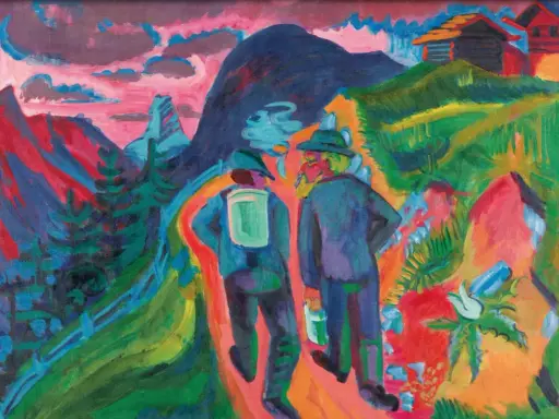 Zwei Wanderer im Gebirge, ein Werk des Expressionismus, das abstrakte Kunst mit leuchtenden Farben und dynamischen Formen zeigt.