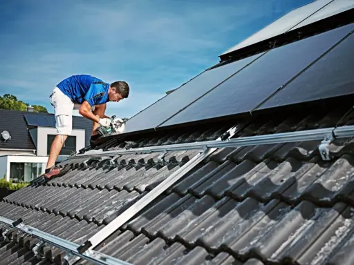 Handwerker montiert Solarmodule auf einem Dach. Dies geschieht unter Beachtung der hausanschluss strom vorschriften für eine sichere Installation.