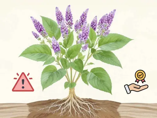 Plante de bardane avec ses racines, symbolisant les bardane bienfaits. Un panneau d'avertissement et une main tenant une médaille indiquent les précautions et les avantages.