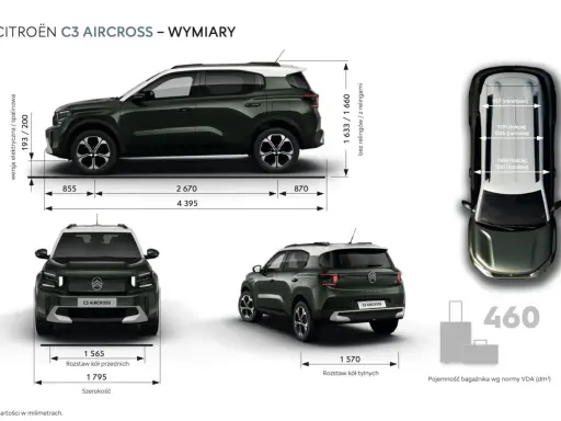 Citroën C3 Aircross wymiary: długość 4395 mm, szerokość 1795 mm, wysokość 1633/1660 mm. Rozstaw osi 2670 mm.
