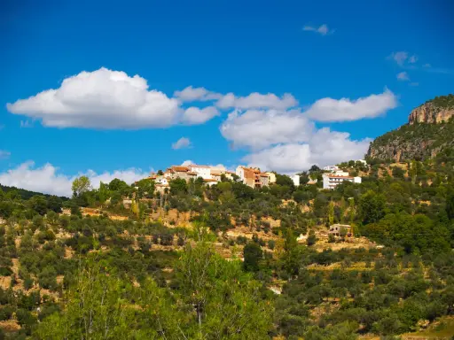 Pueblo blanco en la ladera de una montaña, rodeado de olivos y vegetación. El cielo azul con nubes blancas corona la vista de Gontar, Albacete.
