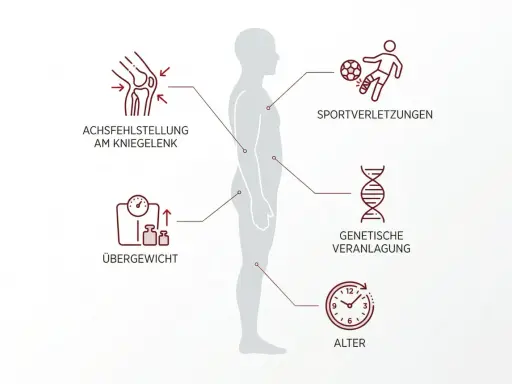 Grafik zeigt arthrose ursachen: Achsfehlstellung, Übergewicht, Sportverletzungen, genetische Veranlagung und Alter.