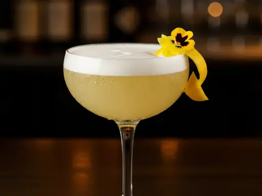 En elegant elderflower sour med skummig topp, garnerad med en citronskal och en liten blomma.