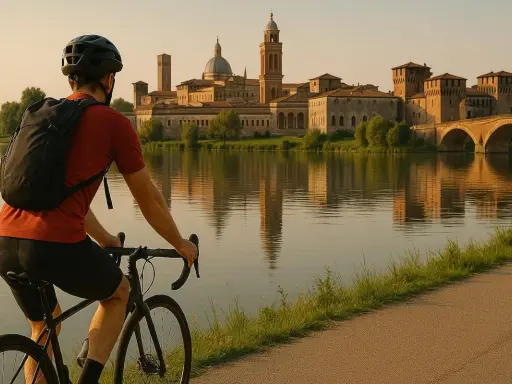 Ciclista ammira il panorama di Ferrara Mantova al tramonto, con riflessi sull'acqua.