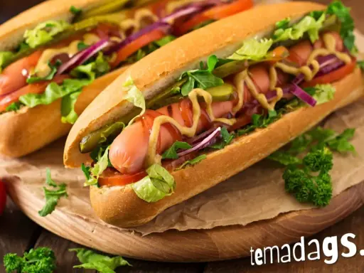 Två saftiga varmkorvar med alla tillbehör, perfekt för varmkorvens dag.