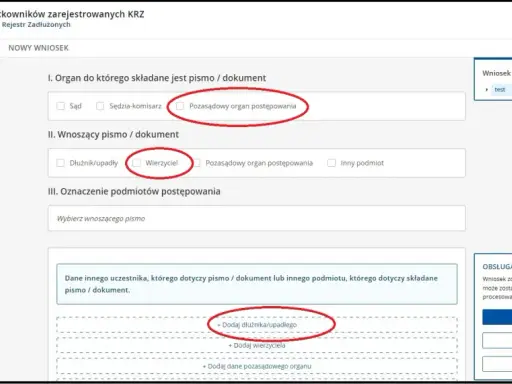 Formularz nowego wniosku w KRZ. Wybierasz organ, do którego składasz pismo, oraz czy jesteś wierzycielem. Dowiedz się, jak głosować w systemie.