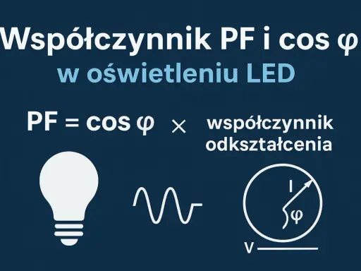 Wzór na moc prądu: PF = cos φ × współczynnik odkształcenia. Ilustracja przedstawia żarówkę, falę sinusoidalną i symbol fazy.
