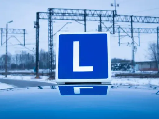 Tablica z literą "L" na dachu samochodu, symbolizująca naukę jazdy i teorię na prawo jazdy. W tle zimowy krajobraz z torami kolejowymi.