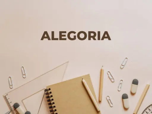 Narożnik z przyborami szkolnymi: linijka, ołówek, zeszyt, spinacze i gumki. Napis "ALEGORIA".