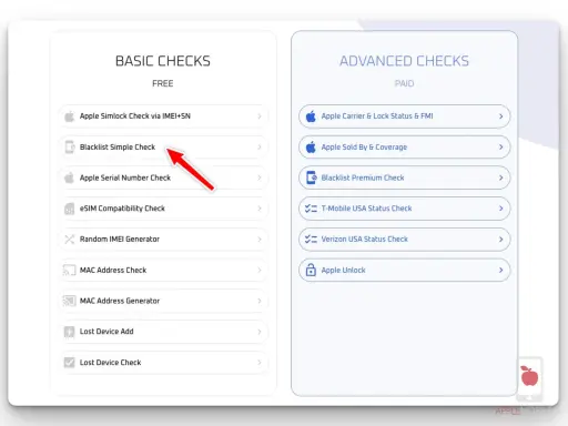 Chcesz wiedzieć, jak sprawdzić czy telefon ma simlock? Na liście "BASIC CHECKS" znajdziesz opcję "Apple Simlock Check via IMEI+SN".