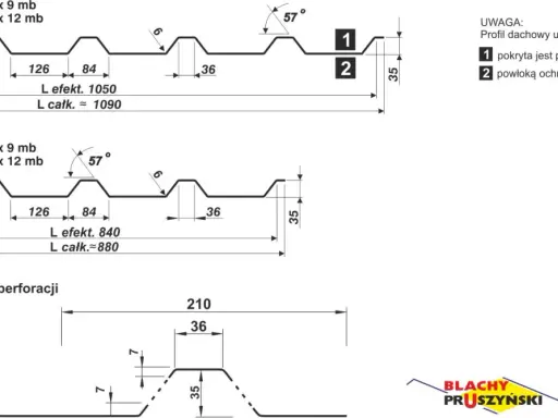 Schemat blachy trapezowej z wymiarami: szerokość fali 210, 126, 84 mm. Dostępne grubości 0,50 i 0,70 mm.