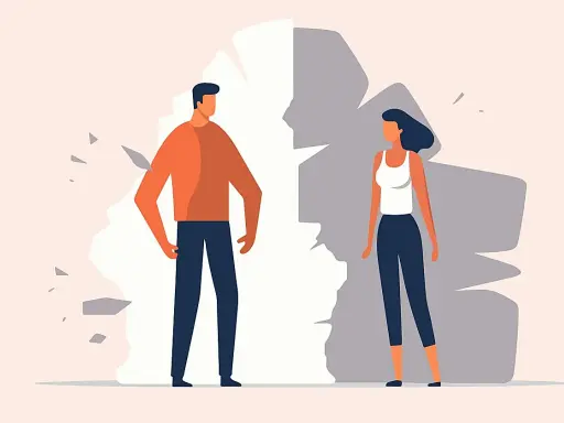 Hombre y mujer separados por una pared rota, simbolizando problemas de pareja.