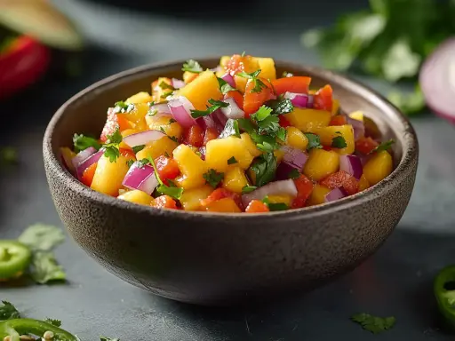 En skål med färgglad mango salsa, full av söta mangobitar, rödlök och koriander. Perfekt till grillat!