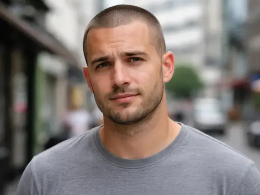 Hombre joven con corte en u, barba cuidada y camiseta gris, mirando a la cámara en una calle urbana.