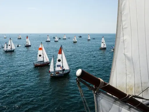 Viele Segelboote auf dem Meer, ein Teil der Segel im Vordergrund. Ein spannender Moment der Golden Globe Race.