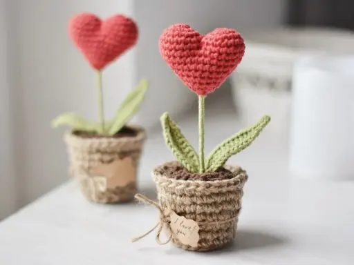 Dos tiernos corazones amigurumi en macetas de yute, uno con una etiqueta que dice "I love you".