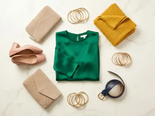 A deep green silk blouse is the centerpiece of this flat lay. What goes with dark green clothes? Think blush pink heels, beige clutches, a mustard yellow scarf, gold bangles, and a navy belt.
