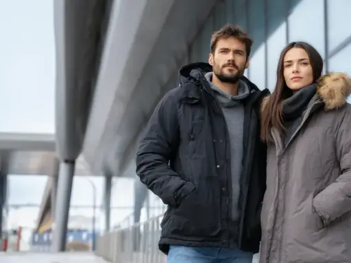Para zimowych spacerów: on w czarnej, ona w szarej kurtce z futrzanym kapturem. Idealna jaka kurtka na zimę dla pary.