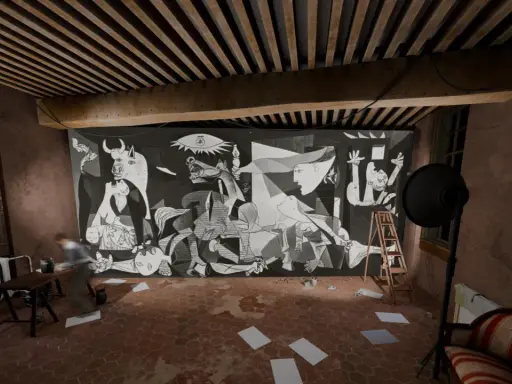 Im Guernica Picasso Museum hängt das berühmte Gemälde. Ein Künstler arbeitet daran.